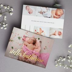 two cards with photos of babies on them and the words selda falfine