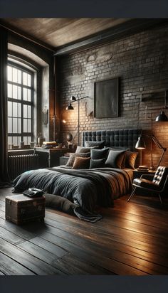 a bedroom with brick walls and wooden flooring has a large bed in the middle