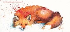 a watercolor painting of a red fox resting on the ground with its eyes closed