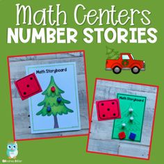 two pictures with the words math center's number stories on them