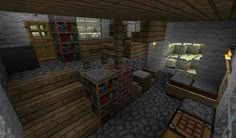 an image of a room in minecraft with shelves and bookshelves on the wall