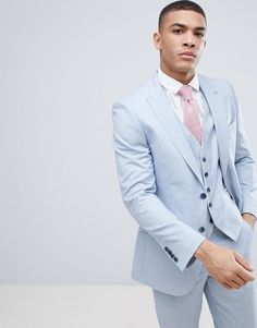 Burton Menswear Wedding Skinny Suit Jacket in light blue | ASOS Addis Miller, Blue Wedding Suit Groom, Suit With Red Tie, Menswear Wedding, Powder Blue Wedding, Summer Suits Men, Baby Blue Weddings, Groomsmen Grey