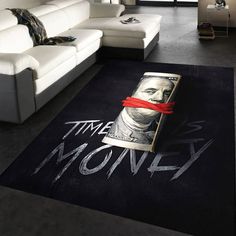 a living room with a rug that has money on it