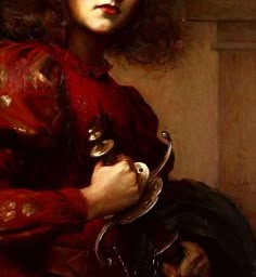 a painting of a young woman in red holding a silver object with her right hand