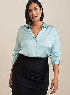 Satin Button Up Long Sleeve Shirt, CANAL BLUE Professional Blouses, Satin Button Up, Active Outfits, Button Up Long Sleeve, Satin Blouses, Career Wear, Ruffled Sleeve Top, Short Sleeve Cropped Top, Plus Size Tops