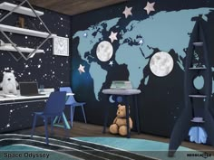 a child's bedroom decorated in blue and white with stars on the map wall