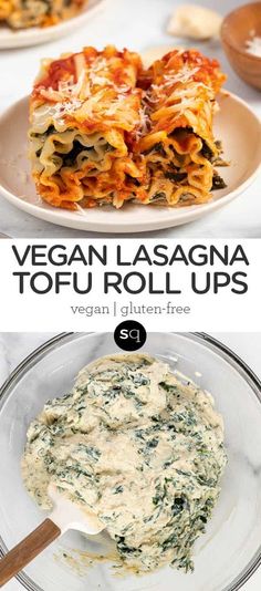 vegan lasagna tofu roll ups with spinach and cheese on top