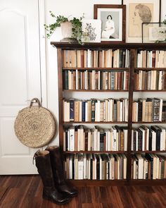 a bookshelf filled with lots of books next to a wall mounted planter