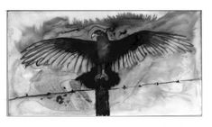 a black and white photo of a bird with its wings spread out on a barbed wire