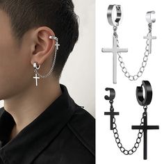 two pairs of cross and chain earrings on the ear with chains attached to each ear