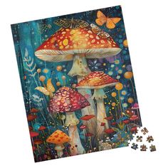 a puzzle piece with an image of mushrooms and butterflies in the forest on it's side