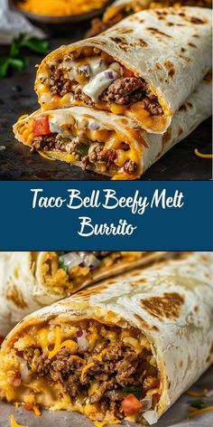 taco bell beef melt burrito cut in half and stacked on top of each other