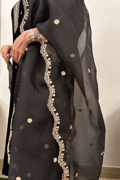 Black silk velvet Kashmiri embroidered straight kurta. Paired with an embroidered pant and a scallop hem dupatta. - Aza Fashions Traditional Organza Kurta With Embroidered Border, Elegant Raw Silk Salwar Kameez With Embroidered Border, Elegant Silk Salwar Kameez With Embroidered Border, Black Embroidered Organza Traditional Wear, Formal Dupatta With Embroidered Border For Festivals, Embroidered Black Organza Traditional Wear, Elegant Sharara With Embroidered Border For Festive Occasions, Elegant Sharara With Embroidered Border For Diwali, Elegant Dupatta With Embroidered Border For Eid