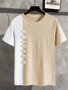 Khaki Casual Collar Short Sleeve Fabric Colorblock,Letter  Embellished Slight Stretch Summer Men Tops Men's Tshirt Design, Gents T Shirts, Free T Shirt Design, Tshirt Design Men, Stylish Men Casual, Guys Clothing Styles