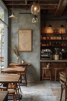 an empty restaurant with wooden tables and chairs