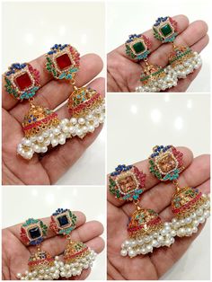 Beautiful nauratan multi stone Jhumkas Multicolor Temple Jewelry Jhumkas, Multicolor Meenakari Temple Jewelry Jhumkas, Multicolor Meenakari Temple Jewelry Danglers, Multicolor Meenakari Jhumkas In Temple Jewelry Style, Temple Jewelry Stone Work Danglers For Celebration, Temple Jewelry Danglers With Stone Work For Celebration, Multicolor Cutdana Earrings For Wedding, Multicolor Cutdana Wedding Earrings, Multicolor Wedding Earrings For Eid