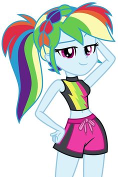 a cartoon pony with colorful hair and shorts