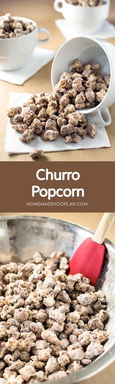 there is a bowl full of food with the words churro popcorn above it and below