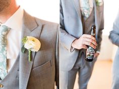 a man in a suit and tie holding a beer bottle with a boutonniere on his lapel