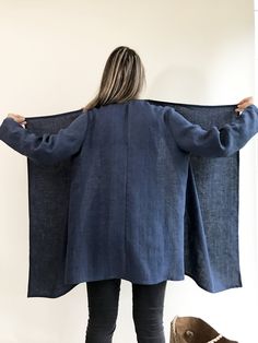 "This is a simple loose linen cardigan made from 100% pure European linen. Great for layering over your shirt or top. Made from medium weight linen. Perfect solution for your wardrobe. Available in multiple linen colors. Linen is great material to use for layering - it breathes and regulates the temperature naturally. Each piece is individually cut, sawn and pre-washed. We really love making garments for various sizes - from petit to plus size and more. For the best fitting of this jacket please Dark Blue Cardigan, Quilted Coat Pattern, Linen Kimono, Loose Jacket, Drape Jacket, Linen Cardigan, Linen Jacket, Coat Patterns, Blue Cardigan