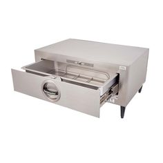 a stainless steel drawer with an open drawer on the bottom and two drawers below it