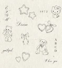 an old paper with some stamps on it and hearts, teddy bears, and stars