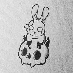 a drawing of a rabbit sitting on top of a skull