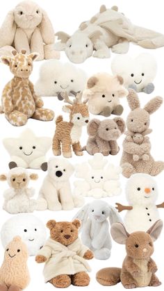 many different stuffed animals are shown together