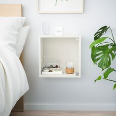 a bed with a white comforter and a green plant on the nightstand next to it