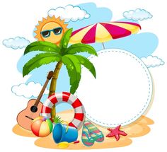 a beach scene with a palm tree, life preserver and sunglasses on a white background