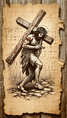 a drawing of jesus carrying the cross on old paper with grungy wood background