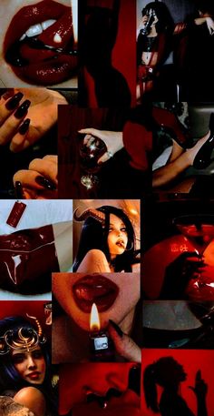 a collage of photos with red and black lipstick on them, including a woman's face