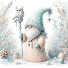 a gnome with an owl on his shoulder is holding a stick in front of snowflakes and pine cones