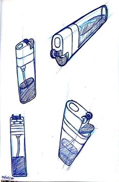 three different types of lighters are shown in this drawing, and one is empty