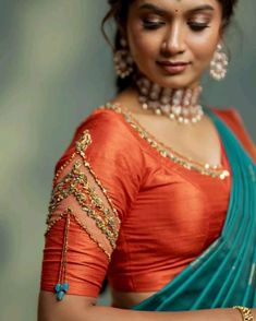 Follow for More bridal inspiration ✨️ Simple Work Saree Blouse Designs, Net Blouse Designs For Pattu Sarees, Blouse Back Net Designs, Sleeve Design Aari Work Blouse, Orange Blouse Aari Work Designs, Trendy Blouse Patterns For Silk Sarees, Pearl Blouse Saree, Simple Pattu Saree Blouse Designs, Front Neck Designs For Blouse