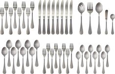 a set of silverware with spoons, forks and knives on a white background