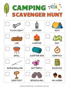 the camping scavenger hunt is shown in this printable