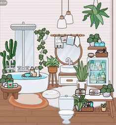 a bathroom with potted plants and a tub