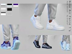 four different images of shoes with white and blue accents on them, including one in the middle