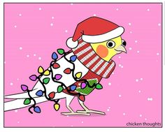 a cartoon bird wearing a santa hat and scarf skating down a street with christmas lights on it's leg