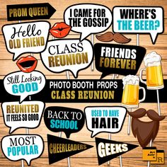 photo booth props with beer and mustaches on wooden background for bachelor party or graduation celebration