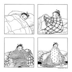 four different pictures of people sleeping in bed