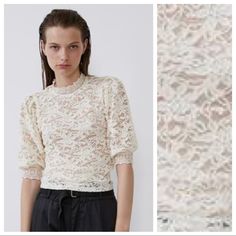 Nwt. Zara Champagne Lace Top With Stand Collar, 3/4 Sleeves, Back Two Button Closure. Size L. Ref. 7901/905. Pit To Pit 15" Flat, Shoulders 12", Sleeves 14,5", Length 21". 1022. Cream Half Sleeve Tops For Spring, Fitted Beige Half Sleeve Tops, Zara 3/4 Sleeve Summer Tops, Zara Summer Tops With 3/4 Sleeves, Zara 3/4 Sleeve Tops For Summer, Zara Summer Top With 3/4 Sleeves, Floral Turtleneck, Ruffle Top Blouses, Long Sleeve Peplum Top