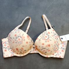 New With Tags Beige With Pink, Blue, Grey And White Color Floral Design Underwire Padded Adjustable Straps Back Hook And Eye Closure 36c Spring Pink Bra With Lace Trim, Wide Strap Bra, Spring Push-up Bra With Lace Trim, Beige Lace Push-up Bra, Pink Lace Push-up Bra, Cheap Lace Bra-friendly Intimates, Lounge Bra, Soft Cup Bra, Demi Bra