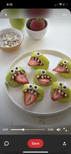 some food on a plate with eyes and mouths