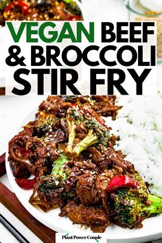 Overhead view of a beef and broccoli stir fry on a round white plate next to a pile of rice with text reading vegan beef and broccoli stir fry Vegan Beef And Broccoli, Vegan Chinese, Vegan Asian Recipes, Vegan Beef, Soy Curls, Beef And Broccoli, Broccoli Stir Fry, Vegan Asian, Broccoli Beef