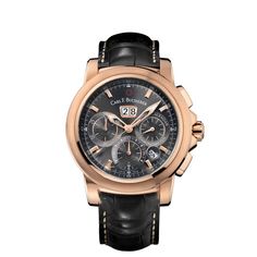 18 carat rose gold case with a black alligator leather strap. Fixed bezel. Black dial with rose gold-tone hands and index hour markers. Minute markers around the outer rim. Dial Type: Analog. Date display at the 12 o'clock position. Chronograph - three sub-dials displaying: 60 seconds, 30 minutes, and 12 hours. Carl F. Bucherer Calibre CFB 1957.1 automatic movement with about 42 hours of power reserve. Scratch resistant sapphire crystal. Screw down crown. Skeleton transparent exhibition see thro Formal Rose Gold Watch With Tachymeter, Formal Rose Gold Watch Accessories With Tachymeter, Business Chronograph Rose Gold Watch, Rose Gold Chronograph Watch With Subdials For Business, Yellow Gold Leather Chronograph Watch Accessories, Yellow Gold Leather Watch Accessories With Chronograph, Luxury Rose Gold Leather Chronograph Watch, Business Rose Gold Chronograph Watches, Elegant Rose Gold Chronograph Watch With Tachymeter