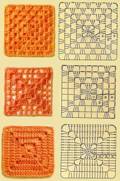 crocheted squares are shown in orange and white, with the same pattern on each side