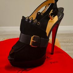 Worn For A Few Parties, Lightly Used 38.5 Christian Louboutin Jem 150 Veau Black W Gold Accents, Authentic 8.5 Us Women's From Neiman Marcus $1195.00 Great For Dressy Cocktail Parties, Comfortable With Platform Bottoms. Cones With A Set Of New Heel Taps However The Ones On Them Are Not That Bad. Luxury Almond Toe Heels With Buckle Closure, Designer Suede Heels With Buckle Closure, Designer Almond Toe Heels With Buckle Closure, Designer Suede Heels With Heel Strap, Heel Taps, Heel Tap, Louboutin Heels, Christian Louboutin Women, Cocktail Parties