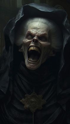 a creepy looking nun with an evil look on her face